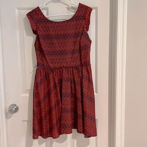 Great dress in red and blue print. Looks fab with denim jacket and booties.
